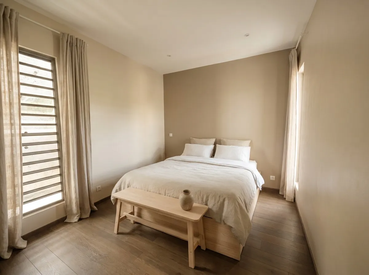 Chambre minimaliste et lumineuse ouverte sur le jardin
