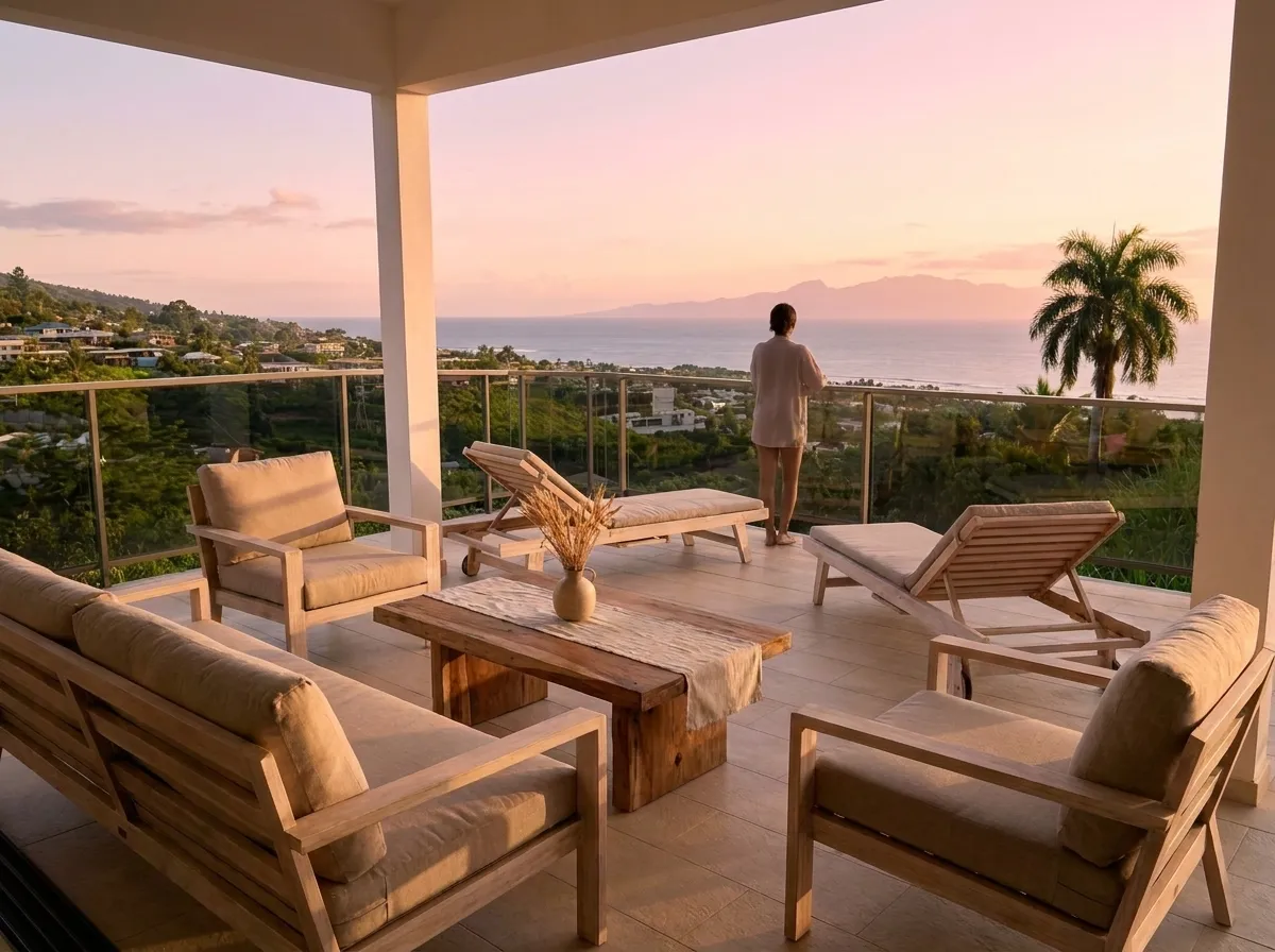 Vue panoramique sur l’océan et Moorea depuis la terrasse au coucher du soleil
