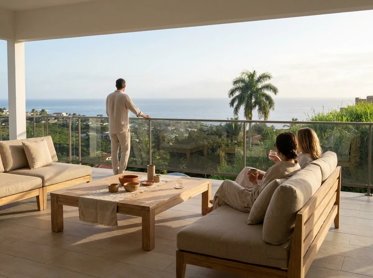 Terrasse d’une villa de hauteur, proches au soleil face à l’océan et Moorea