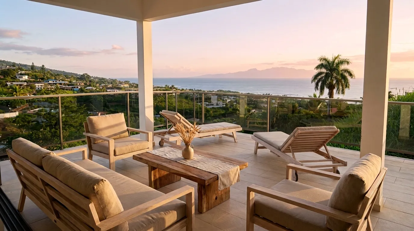 Terrasse couverte d’une villa de hauteur au crépuscule, océan et silhouette de Moorea au loin